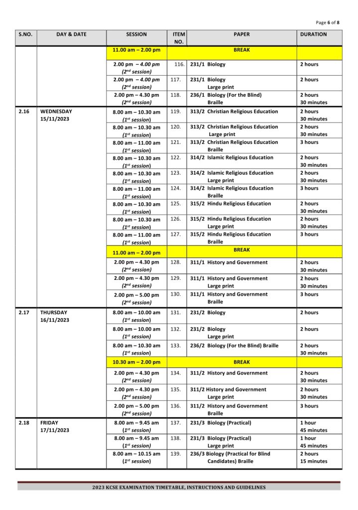 KCSE 2023 Timetable 2023 KCSE Examination Timetable KCSE 2023