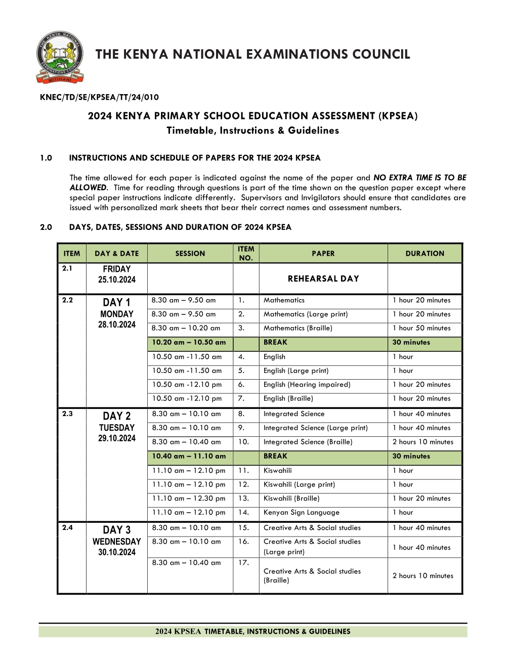 Kpsea timetable 2024